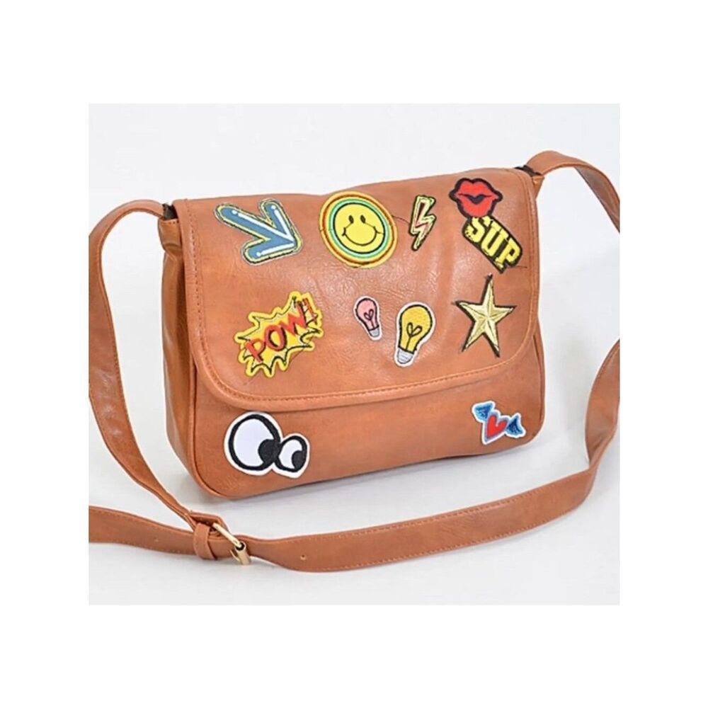 Hello 3AM Brown Faux Leather Satchel Crossbody Bag Patches Star Smiley Face Lips